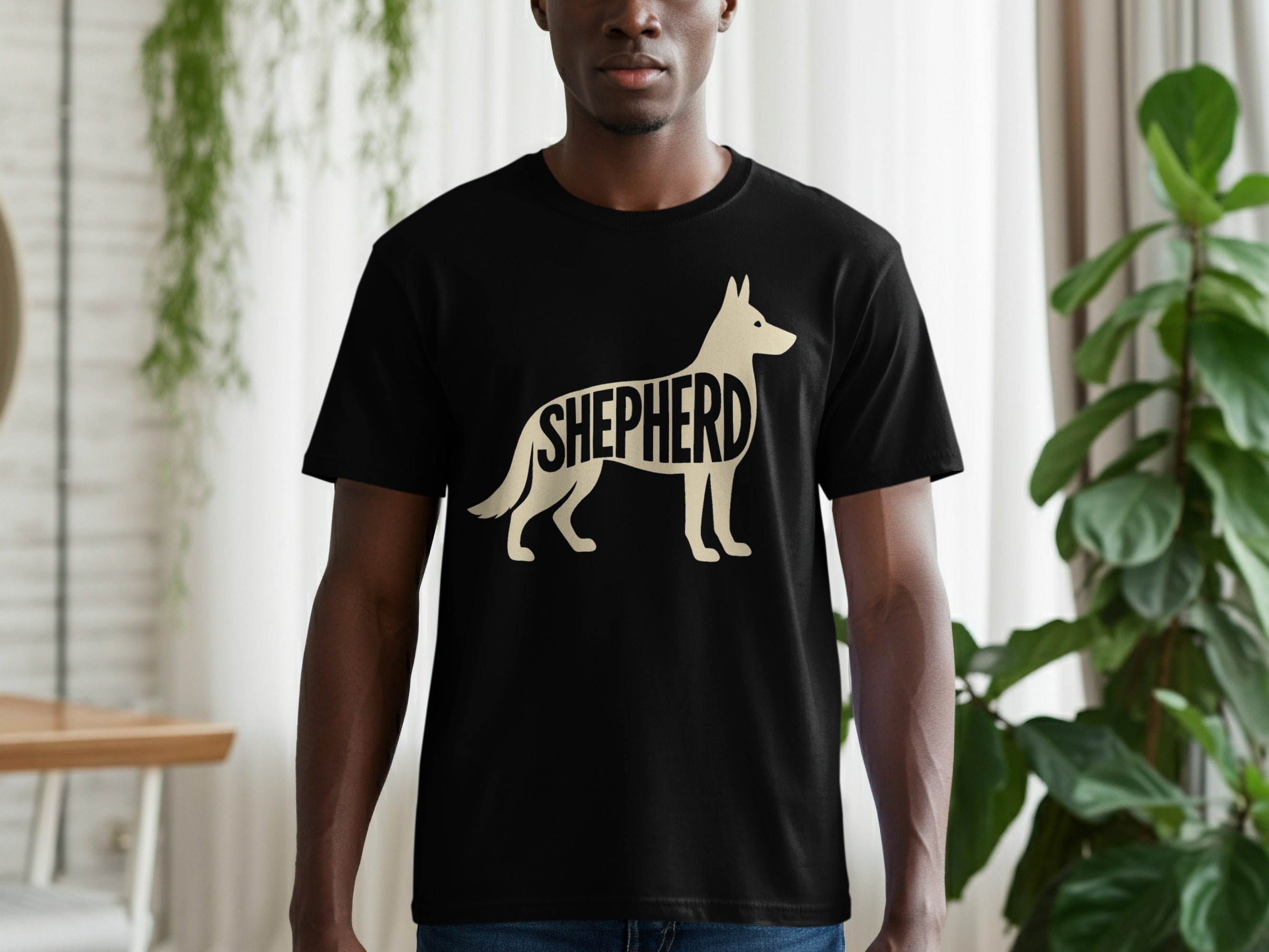 Black t-shirt with beige German Shepherd silhouette graphic and "SHEPHERD" text.