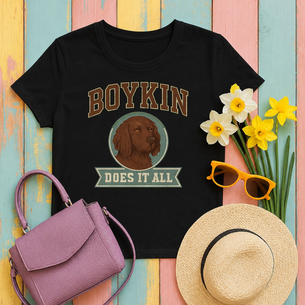 Boykin Spaniel Does It All Varsity T-shirt in Black