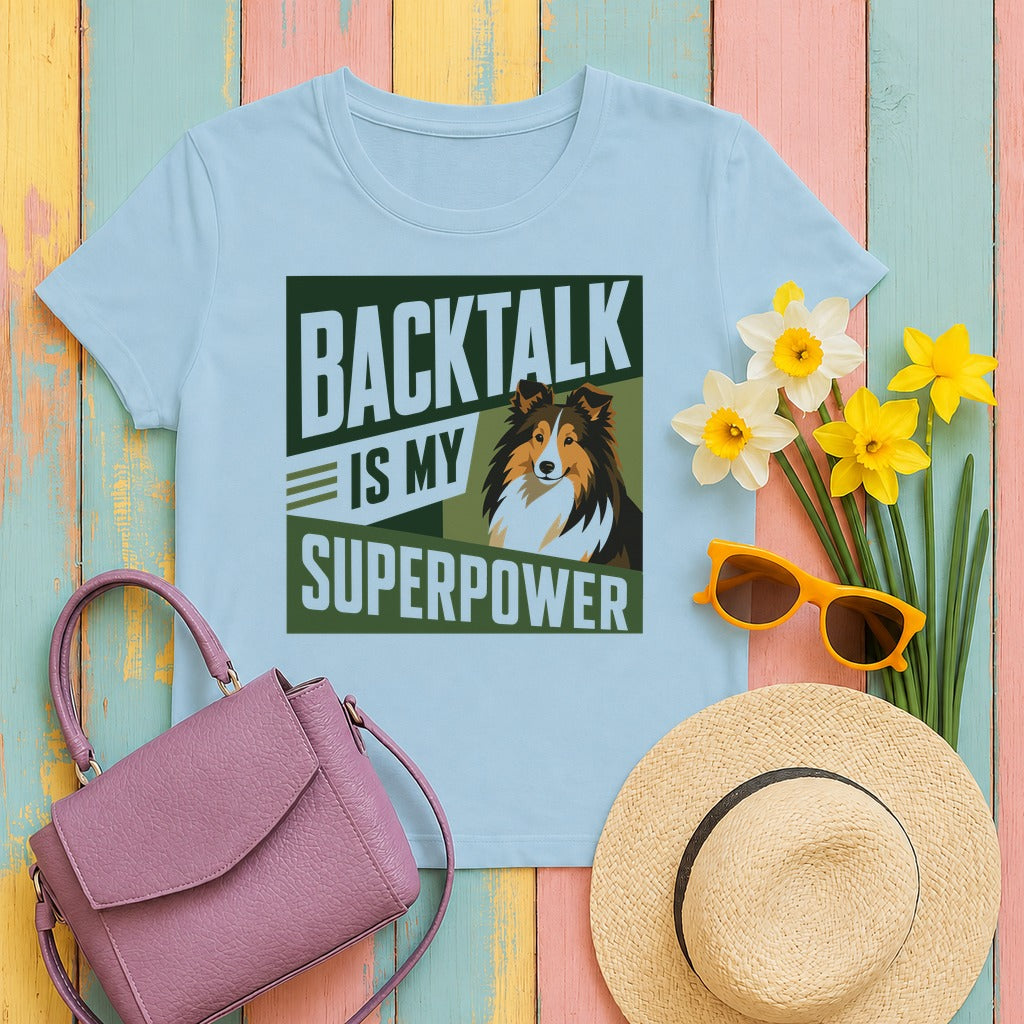 Backtalk Sheltie Superpower Graphic T-Shirt in Light Blue