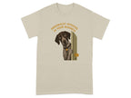 German Shorthaired Pointer peeking through a doorway on a beige t-shirt.