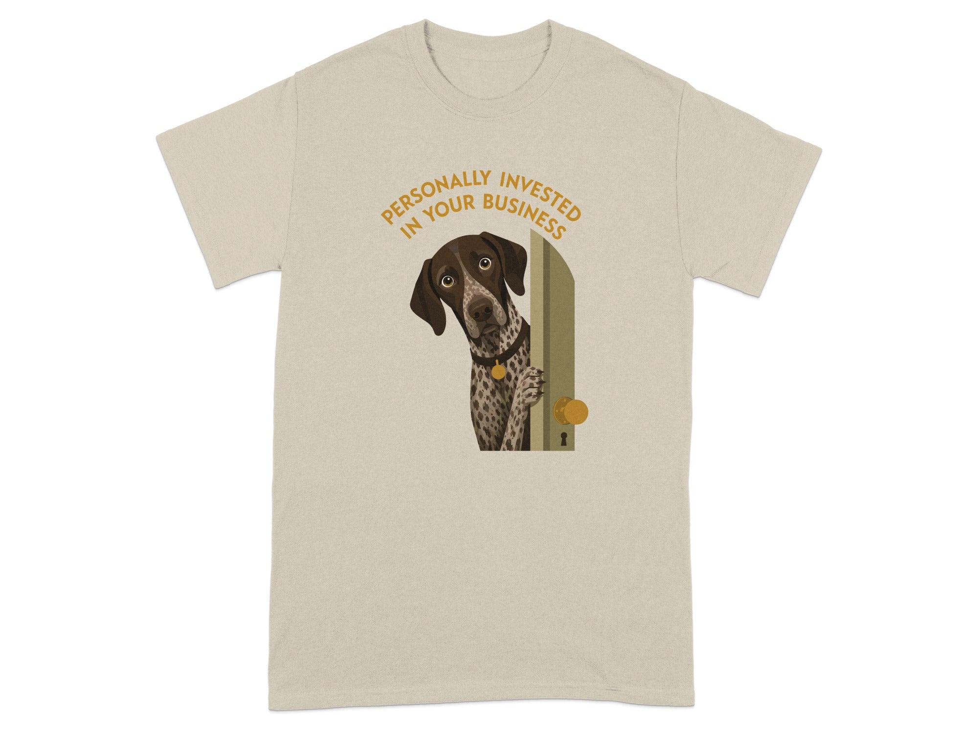 German Shorthaired Pointer peeking through a doorway on a beige t-shirt.