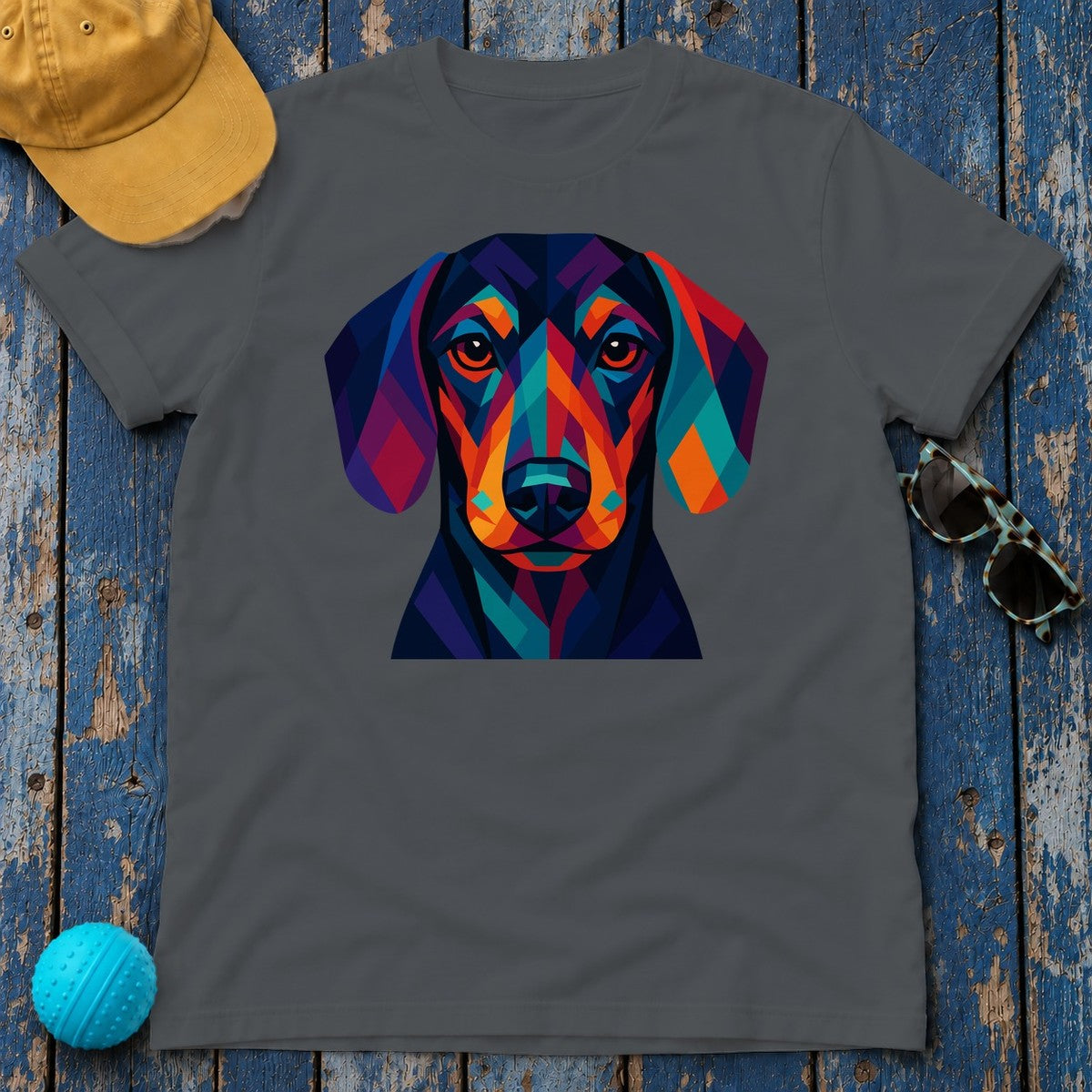 Colorful Geometric Dachshund Graphic Art Design T-Shirt in Charcoal