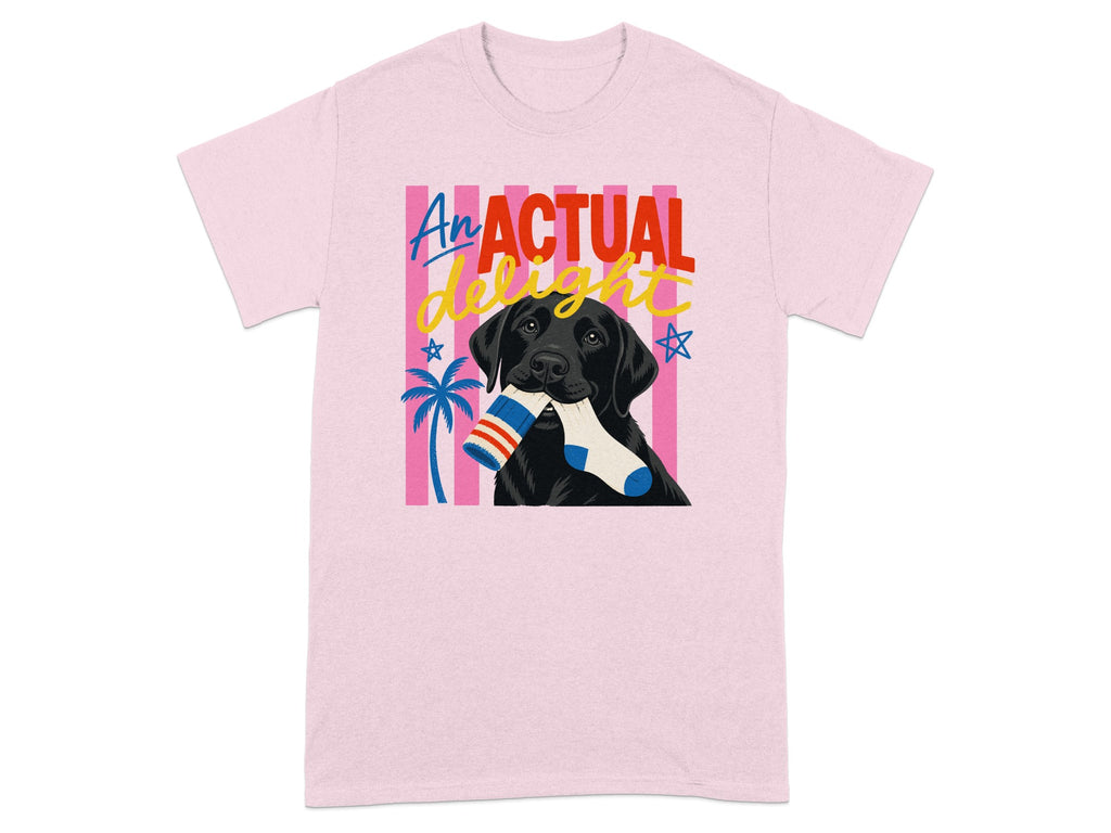 Pink t-shirt with black lab holding a sock and "An Actual Delight" text.