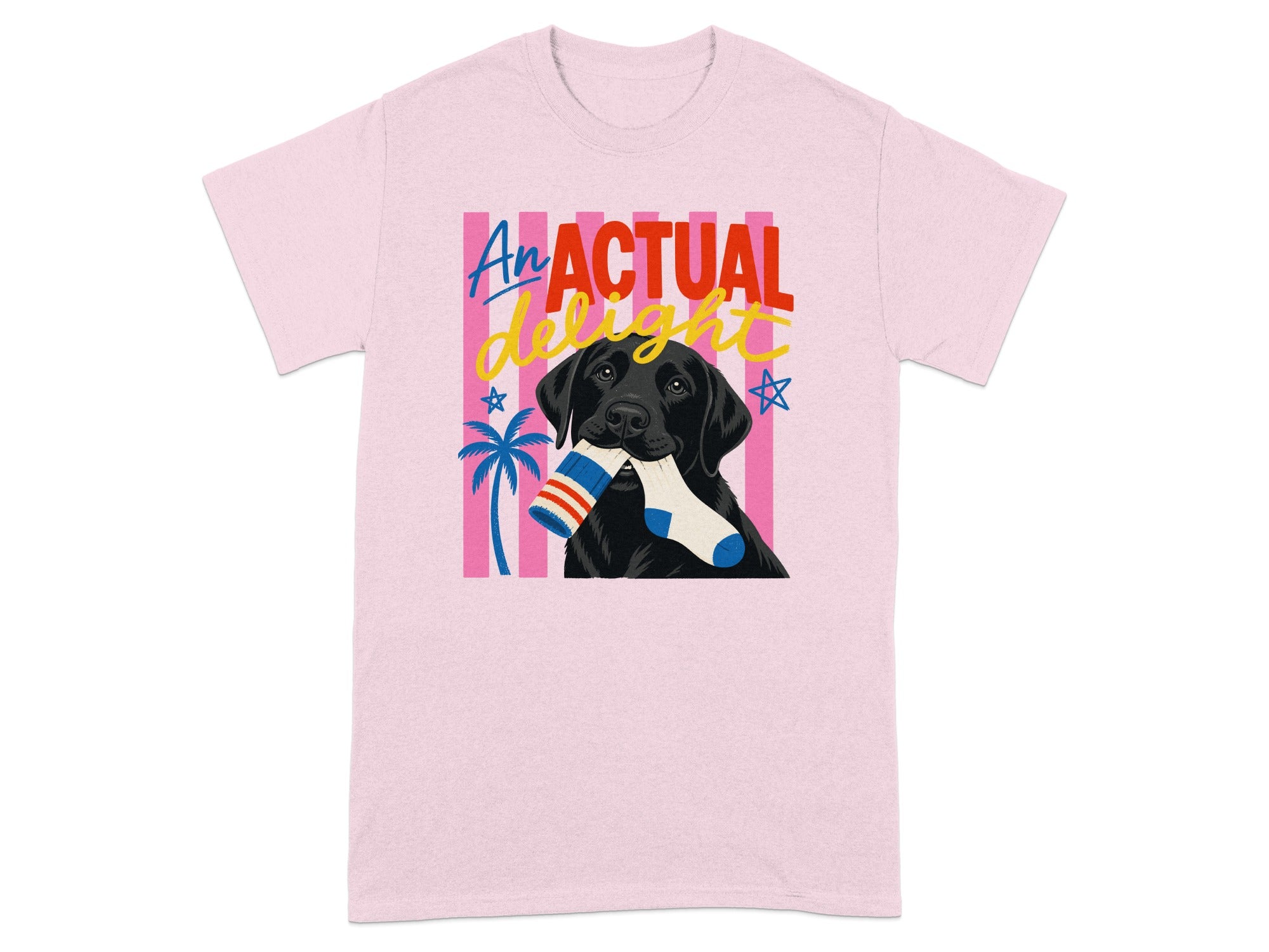 Pink t-shirt with black lab holding a sock and "An Actual Delight" text.