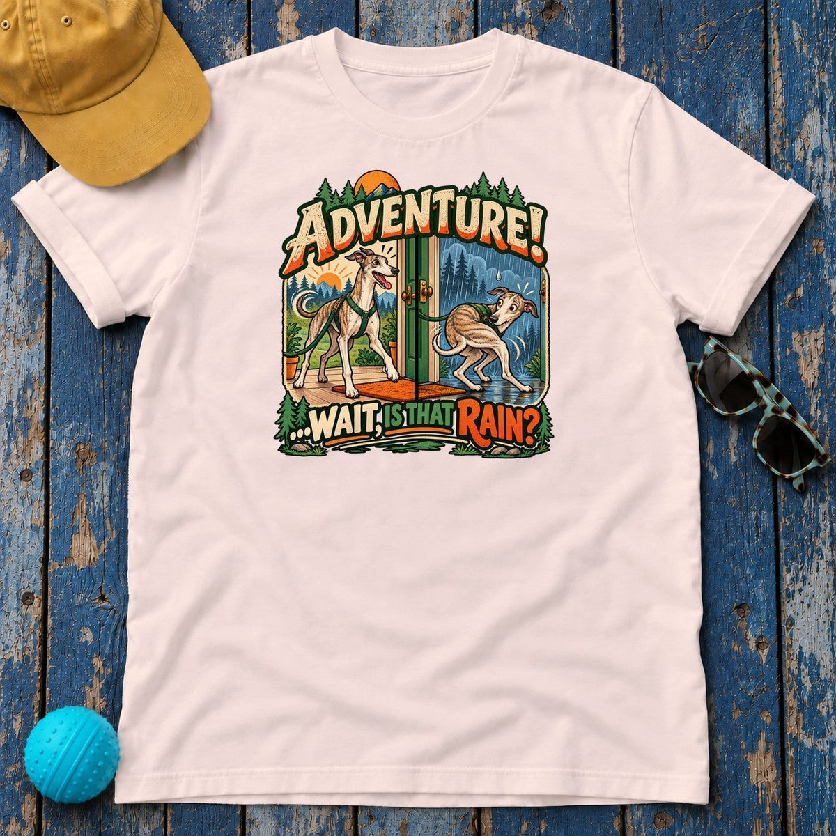 Adventure Wait Is That Rain Greyhound T-Shirt in Soft Pink - flat lay