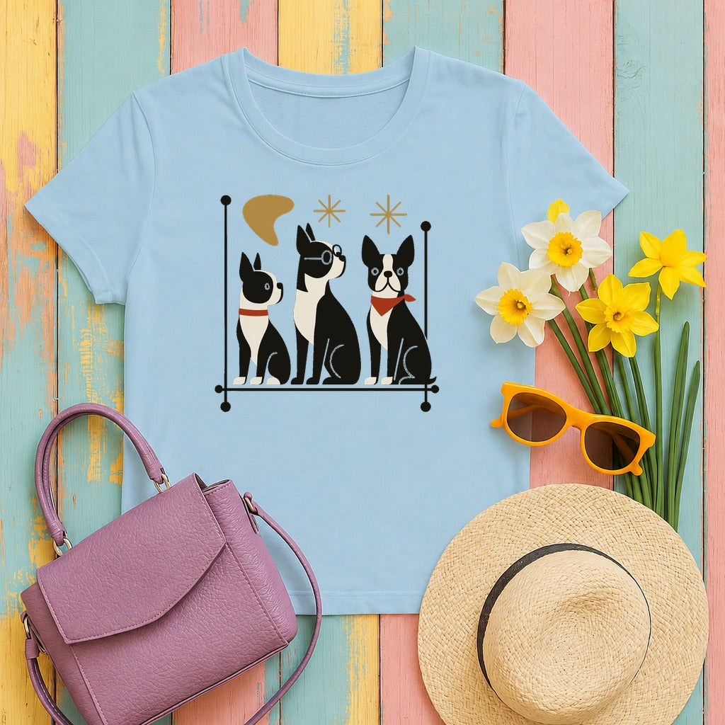 Mid-Century Modern Boston Terriers T-Shirt in Light Blue