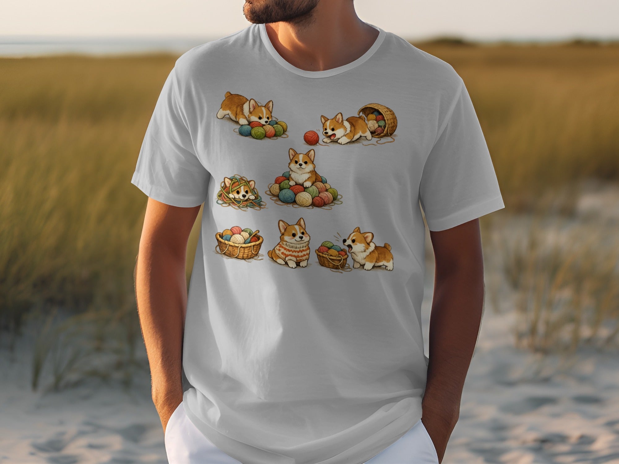 Illustration of corgis playing with balls of yarn and baskets on a white t-shirt.