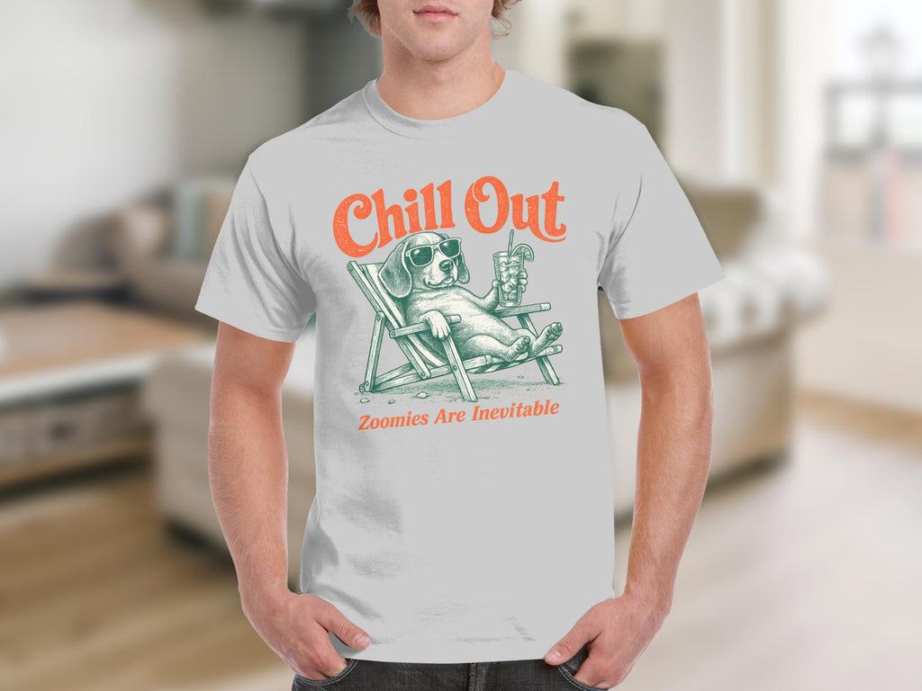 White t-shirt with graphic of a dog wearing sunglasses relaxing in a beach chair.