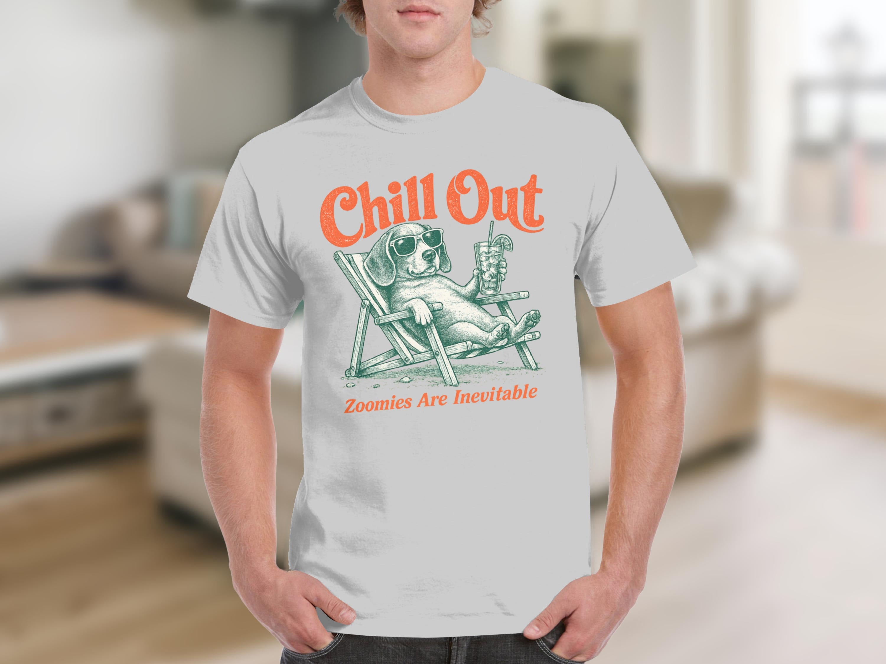 White t-shirt with graphic of a dog wearing sunglasses relaxing in a beach chair.