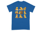 Nine cartoon golden retriever puppies engage in various baking activities, from kneading dough to taking bread from an oven.