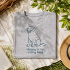Happy Is My Resting Face black lab tee on a sport grey shirt, folded flat lay