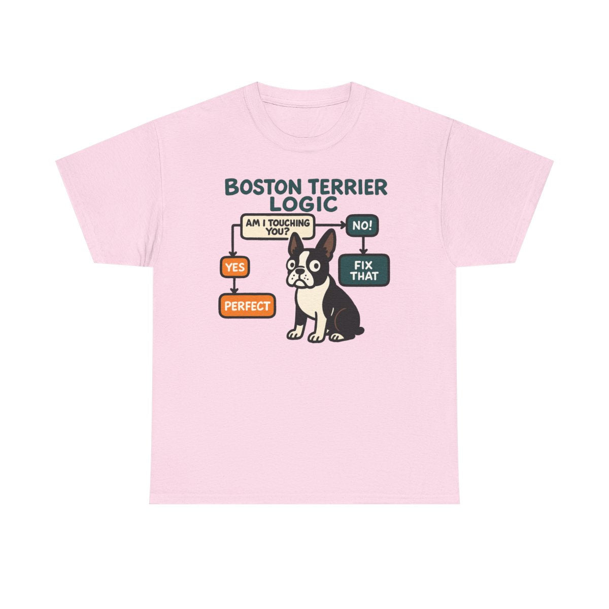 Boston Terrier Logic Flowchart T-shirt in Light Pink