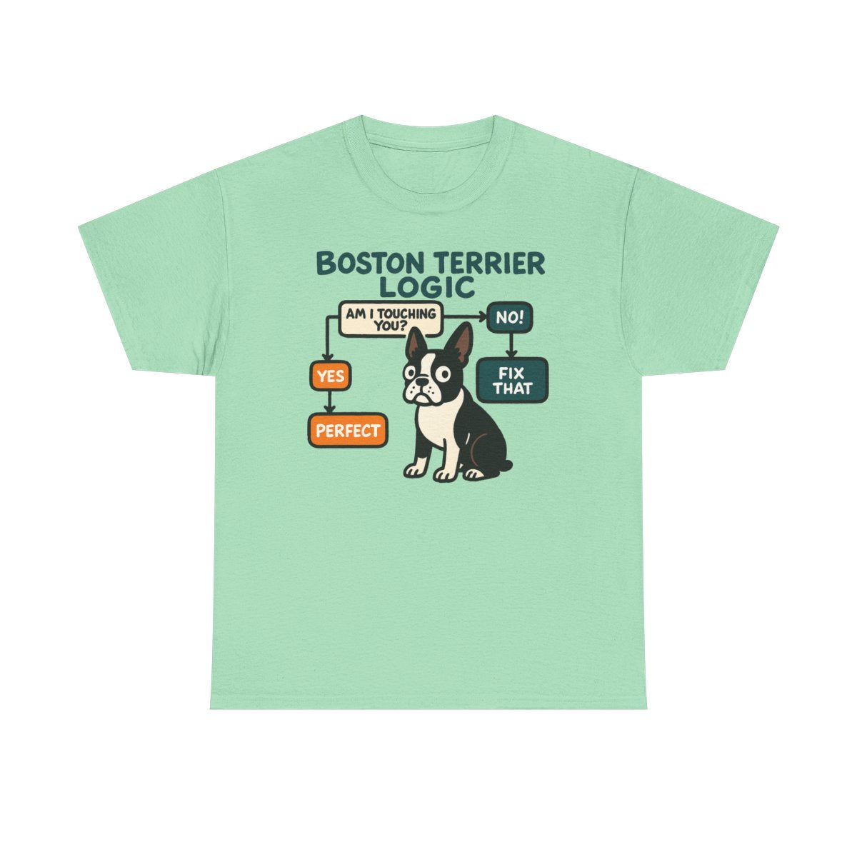 Boston Terrier Logic Flowchart T-shirt in Mint Green