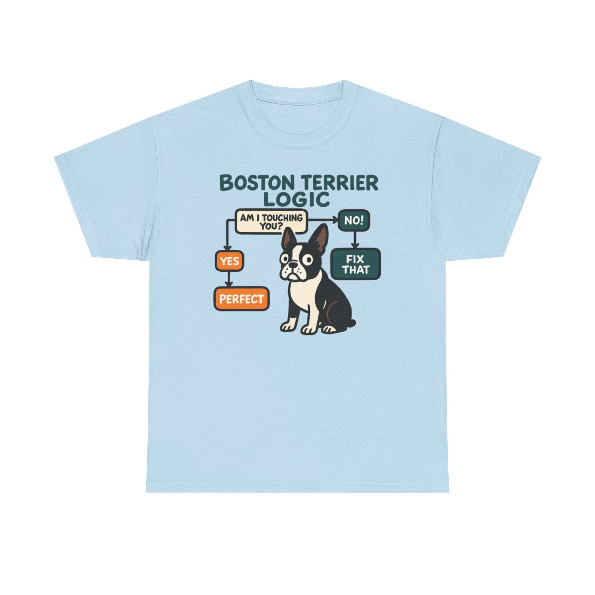 Boston Terrier Logic Flowchart T-shirt in Light Blue