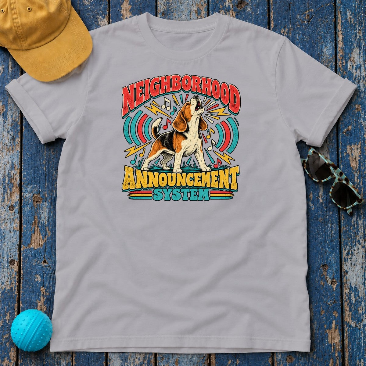 Neighborhood Announcement System Beagle T-Shirt in Athletic Heather - flat lay