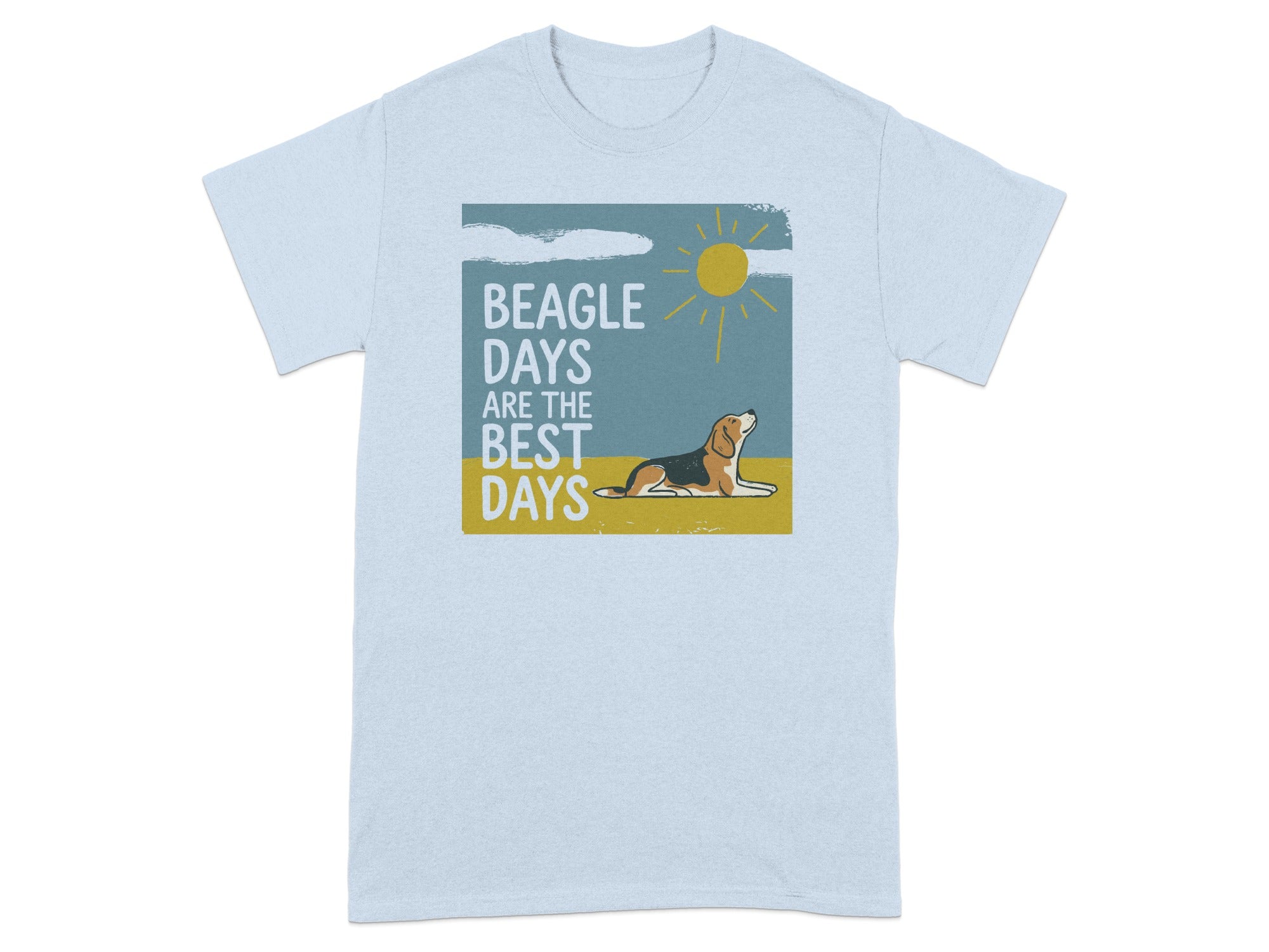 Light blue t-shirt with a beagle and sun graphic, saying "Beagle Days Are The Best Days".