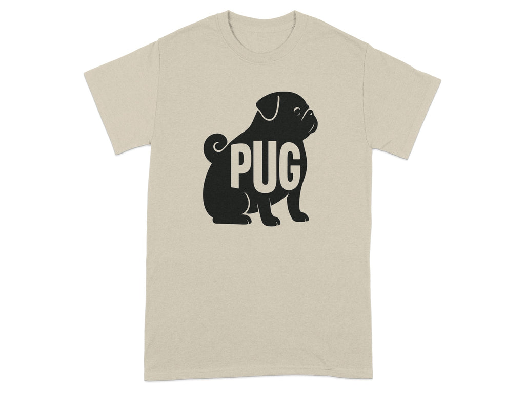 Light tan t-shirt with black pug silhouette and the word "PUG".