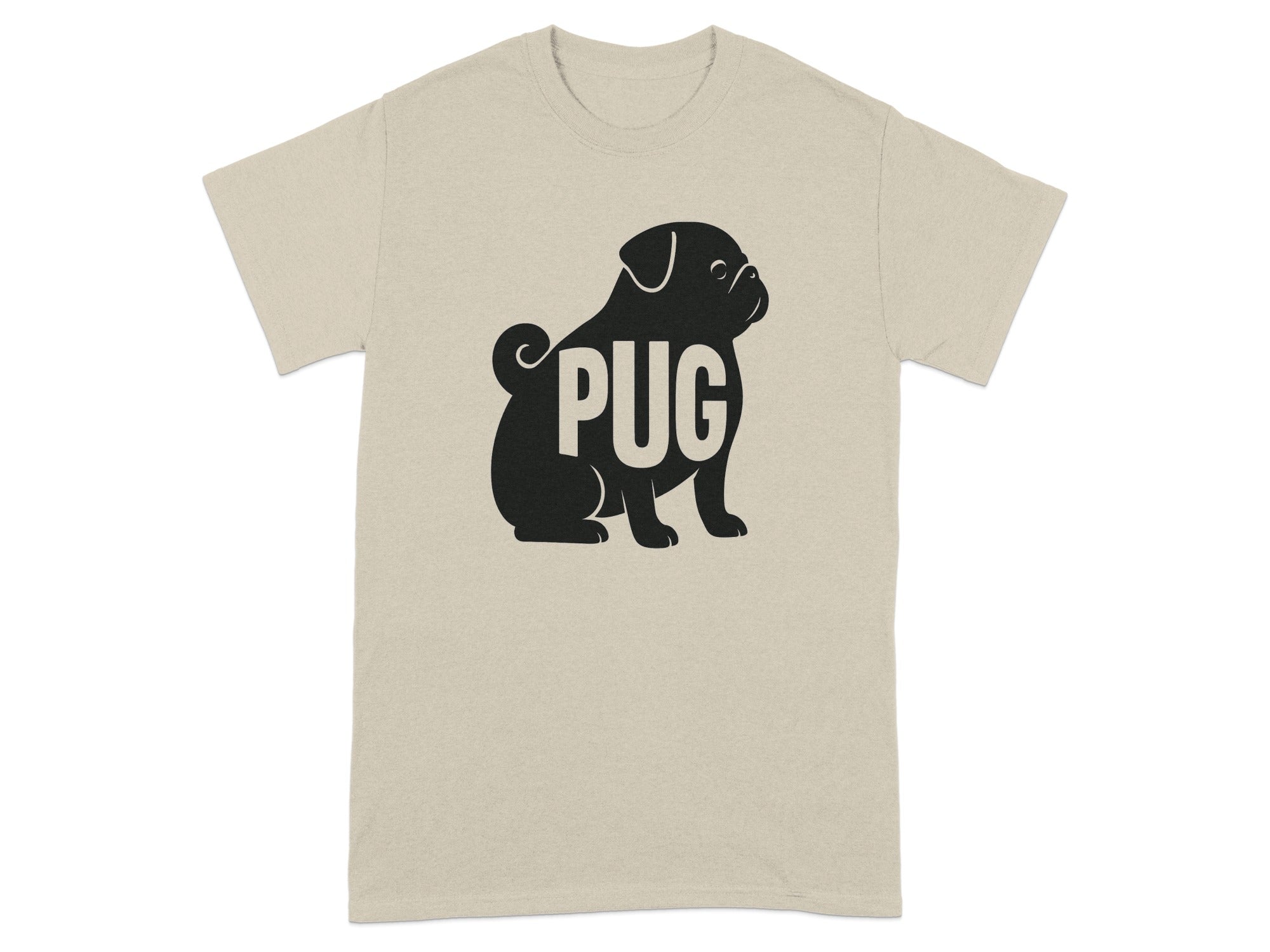 Light tan t-shirt with black pug silhouette and the word "PUG".
