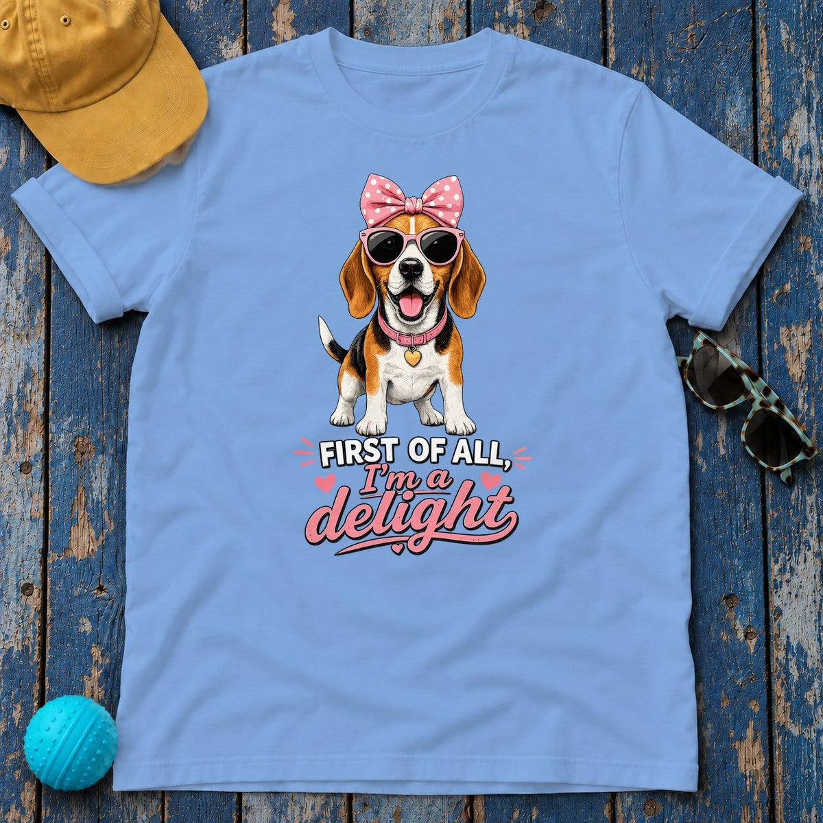Pink Bow Beagle 'I'm A Delight' T-Shirt in Carolina Blue