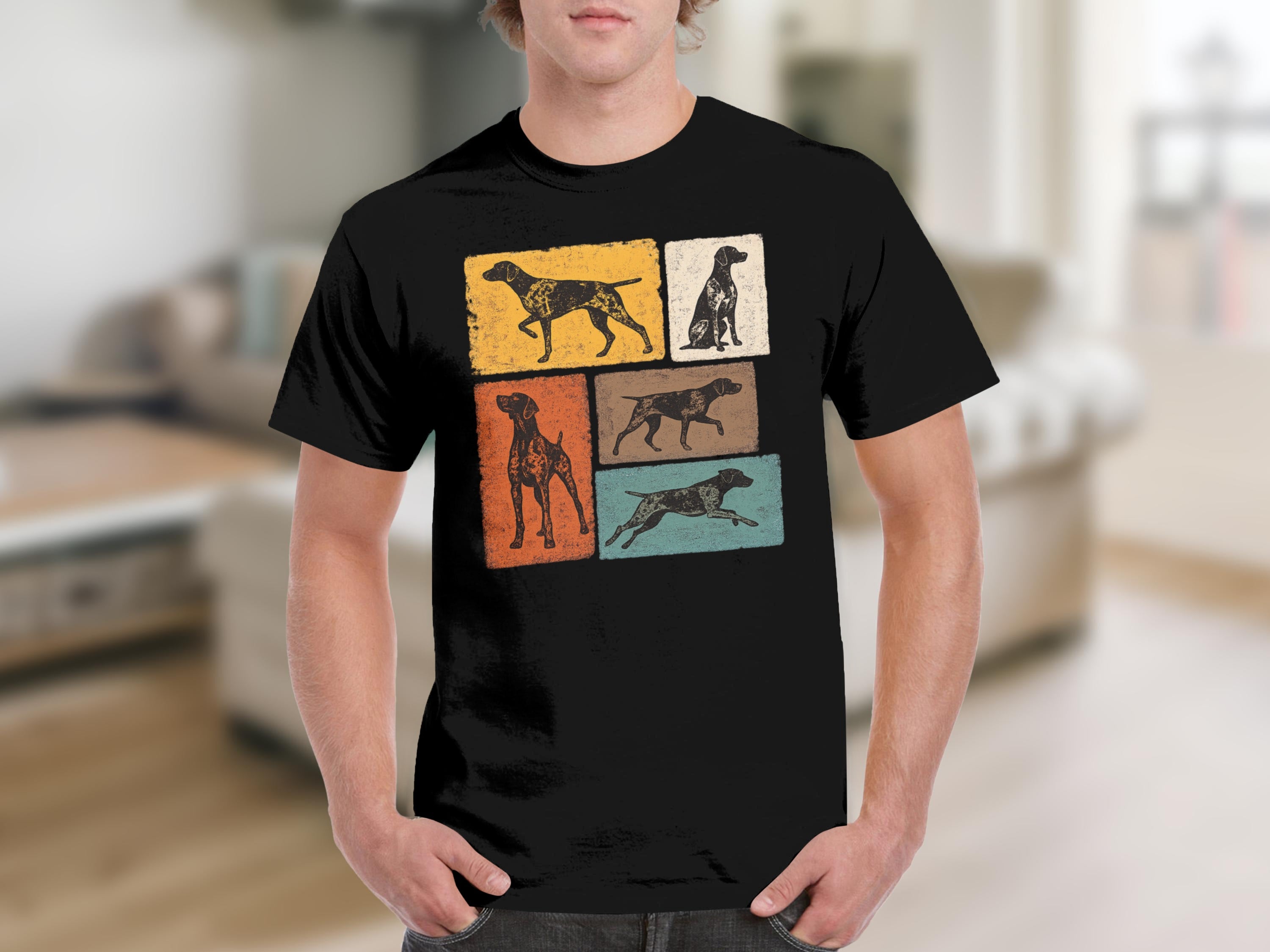 Black t-shirt featuring a vintage-style graphic of five German Shorthaired Pointers.