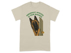 Belgian Malinois peeking around a door, text "Personally Invested in Your Business".