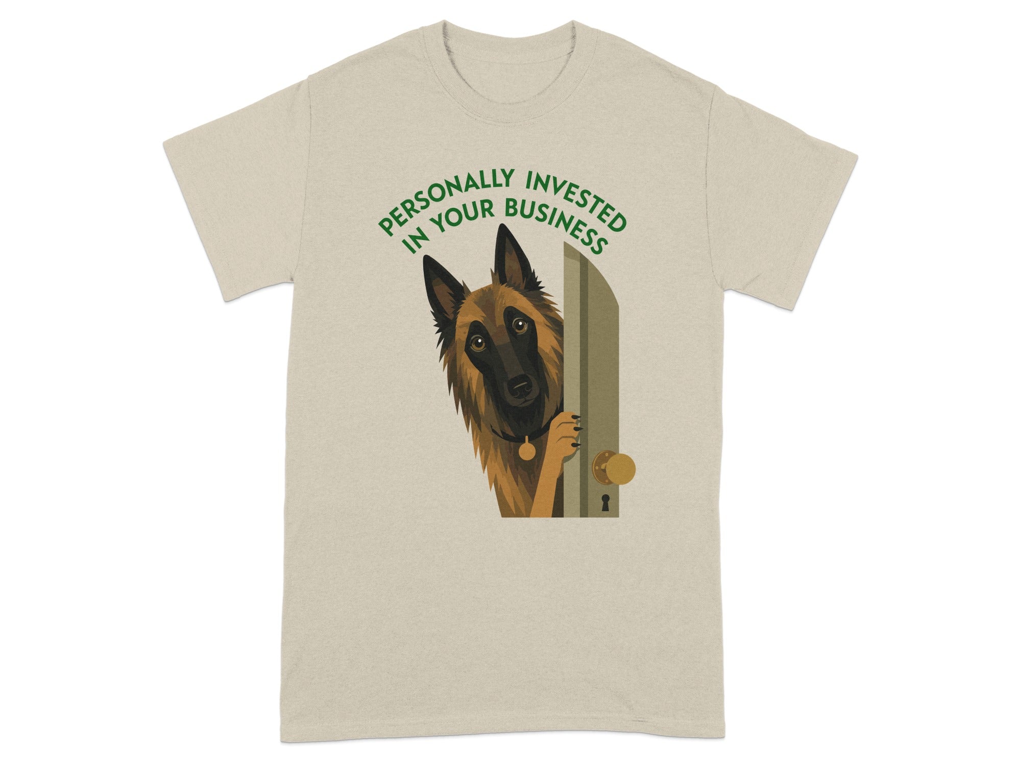 Belgian Malinois peeking around a door, text "Personally Invested in Your Business".