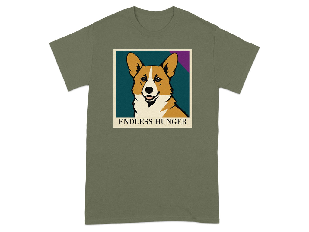 Olive green t-shirt with a cartoon corgi portrait and text "ENDLESS HUNGER".