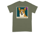 Olive green t-shirt with a cartoon corgi portrait and text "ENDLESS HUNGER".