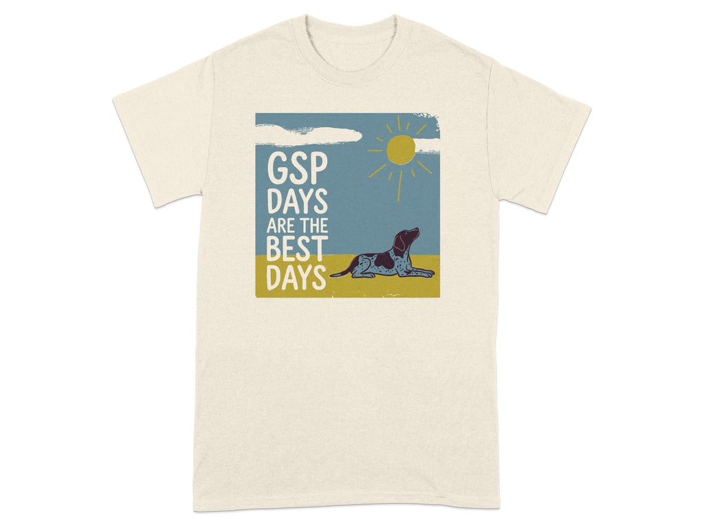 German Shorthaired Pointer lying down under a sun and clouds, text "GSP DAYS ARE THE BEST DAYS".