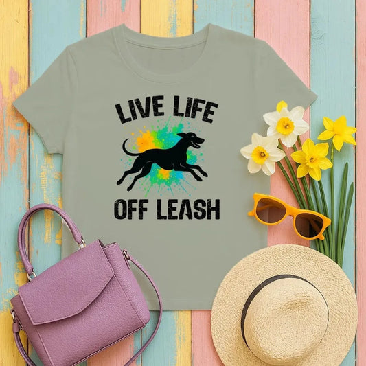Live Life Off Leash Running Dog Silhouette Graphic T-Shirt Military Green T-shirt