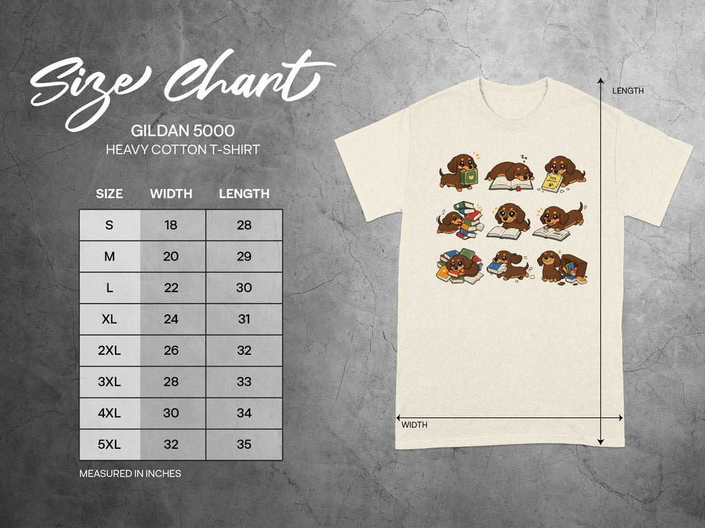 Gildan 5000 Heavy Cotton T-Shirt size chart with measurements for width and length.