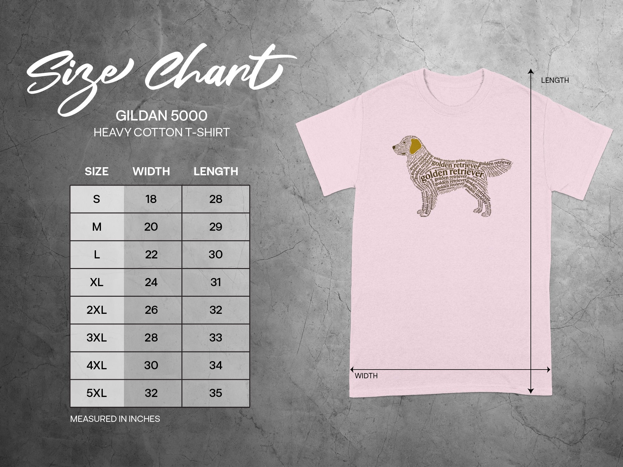 Gildan 5000 t-shirt size chart with dog silhouette on right.