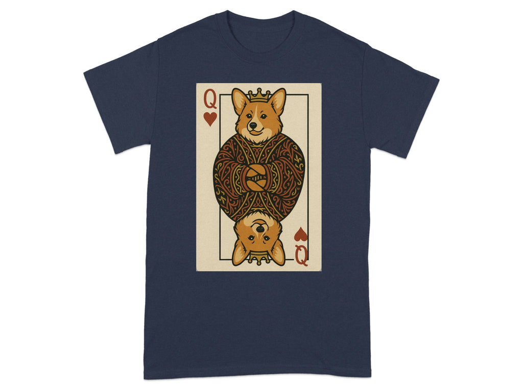 Queen of Hearts corgi card illustration on a navy t-shirt.