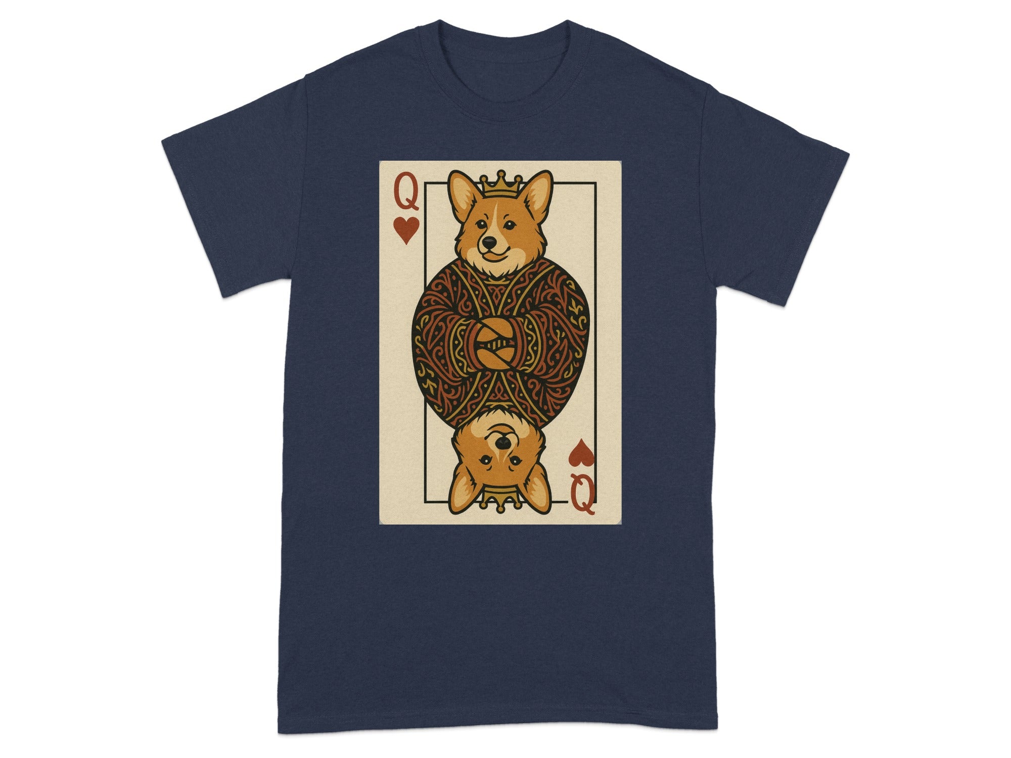 Queen of Hearts corgi card illustration on a navy t-shirt.