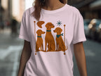Three brown dogs sit together on a shelf, one wearing glasses.