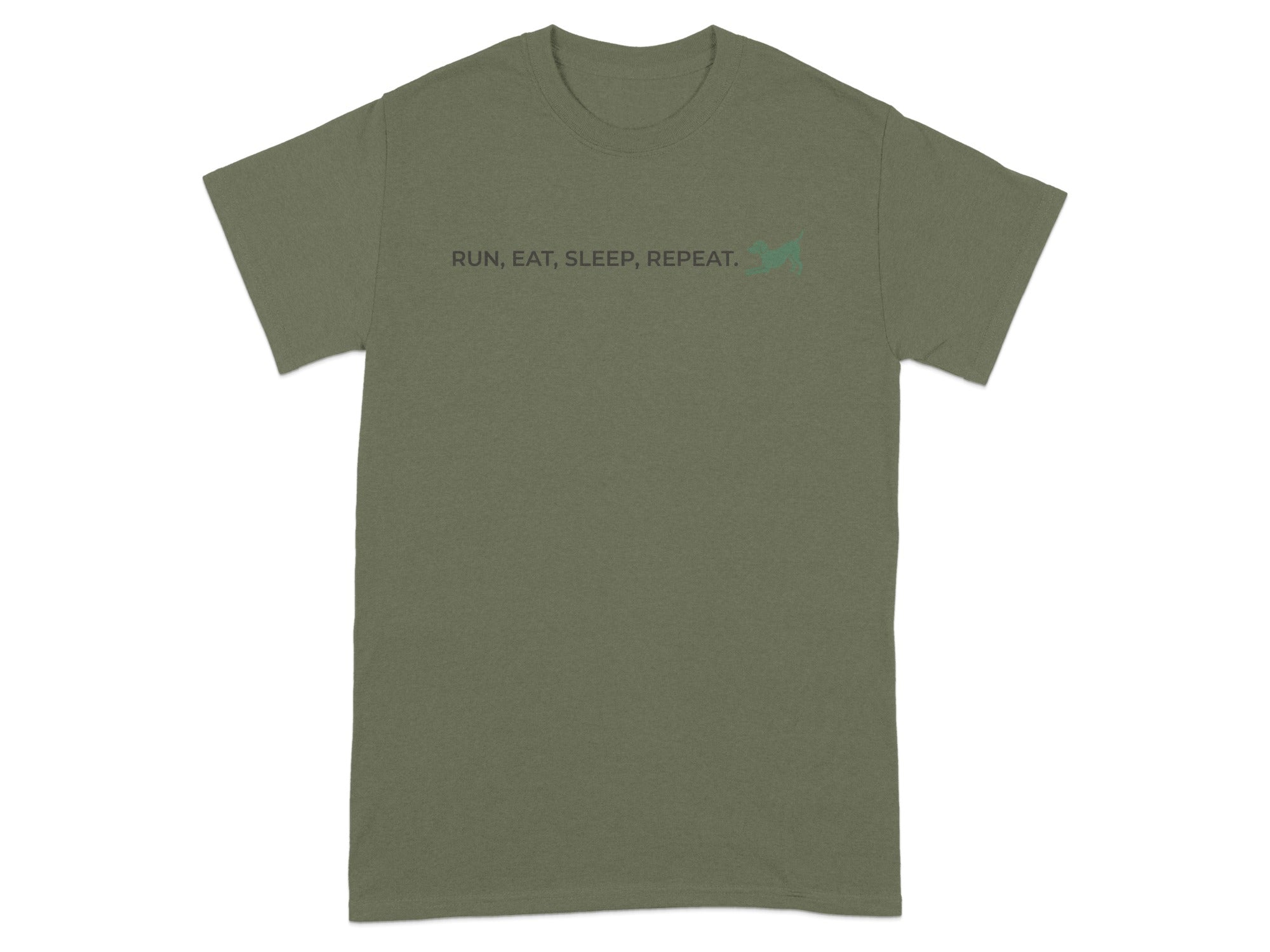 Olive green t-shirt with "RUN, EAT, SLEEP, REPEAT." and a small green running figure.