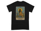 Black t-shirt with tarot card design featuring a dog and text "65 pound lap dog".