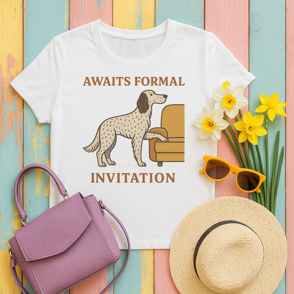 english setter awaits-formal-invitation tee flat lay hero