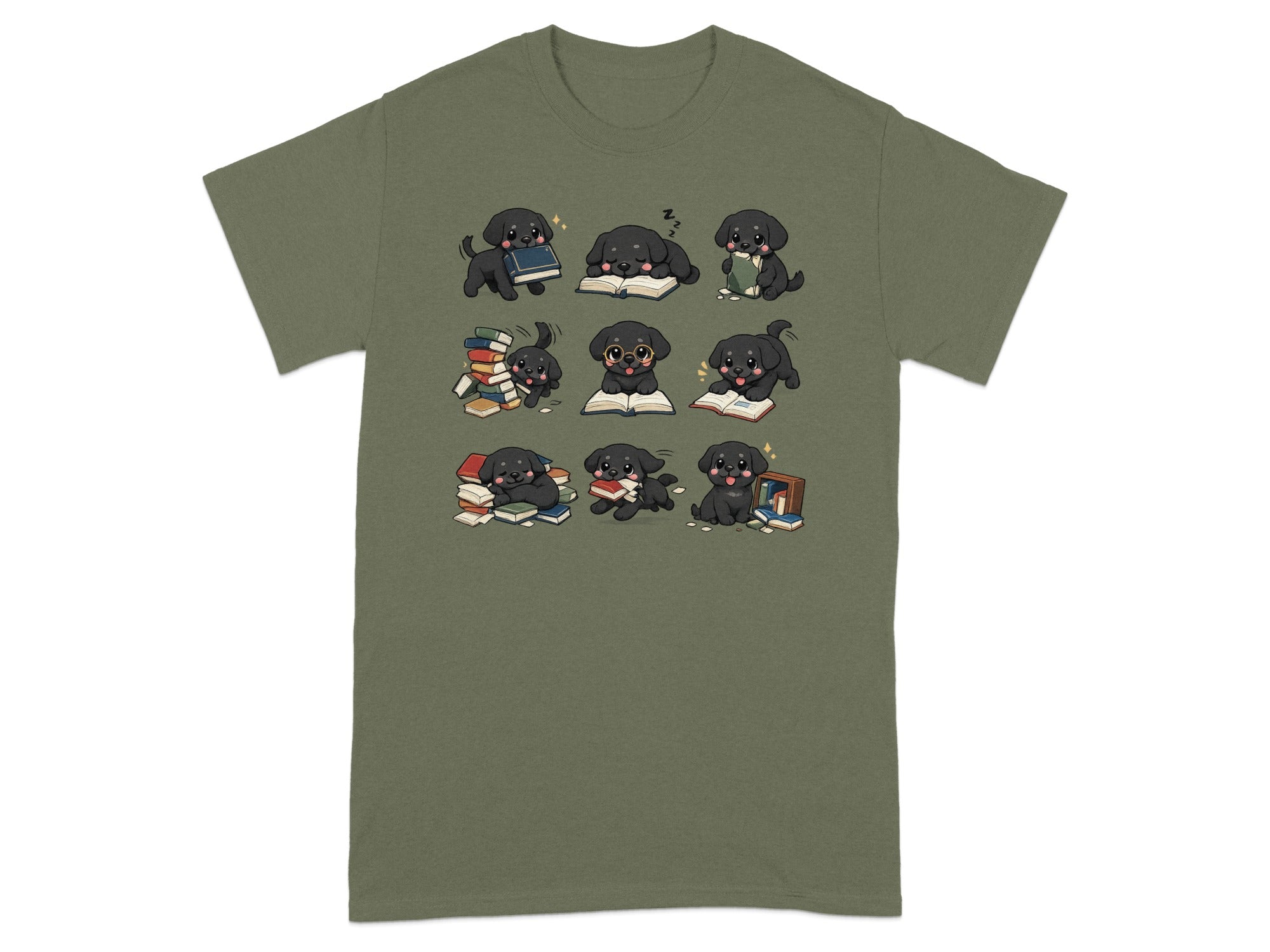 Nine black puppies interact with books in various poses and settings.