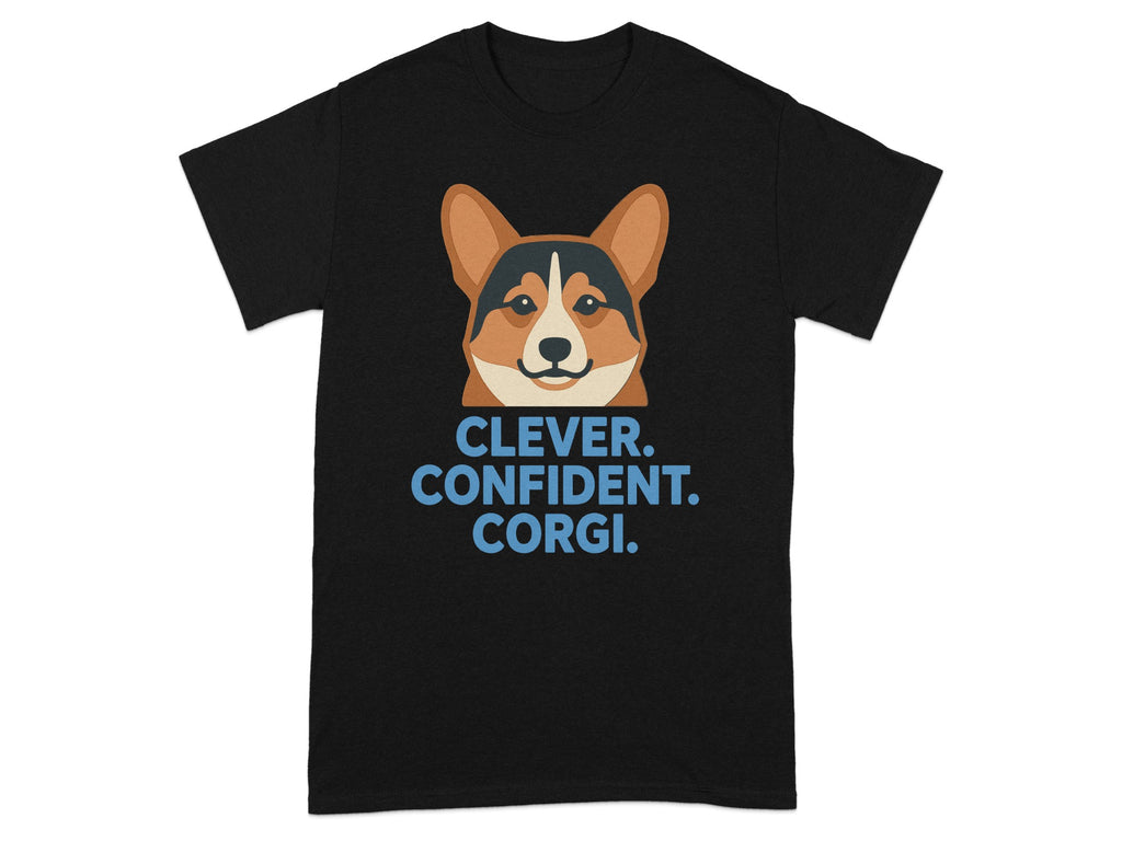 Black t-shirt with a corgi face and the text "CLEVER. CONFIDENT. CORGI."