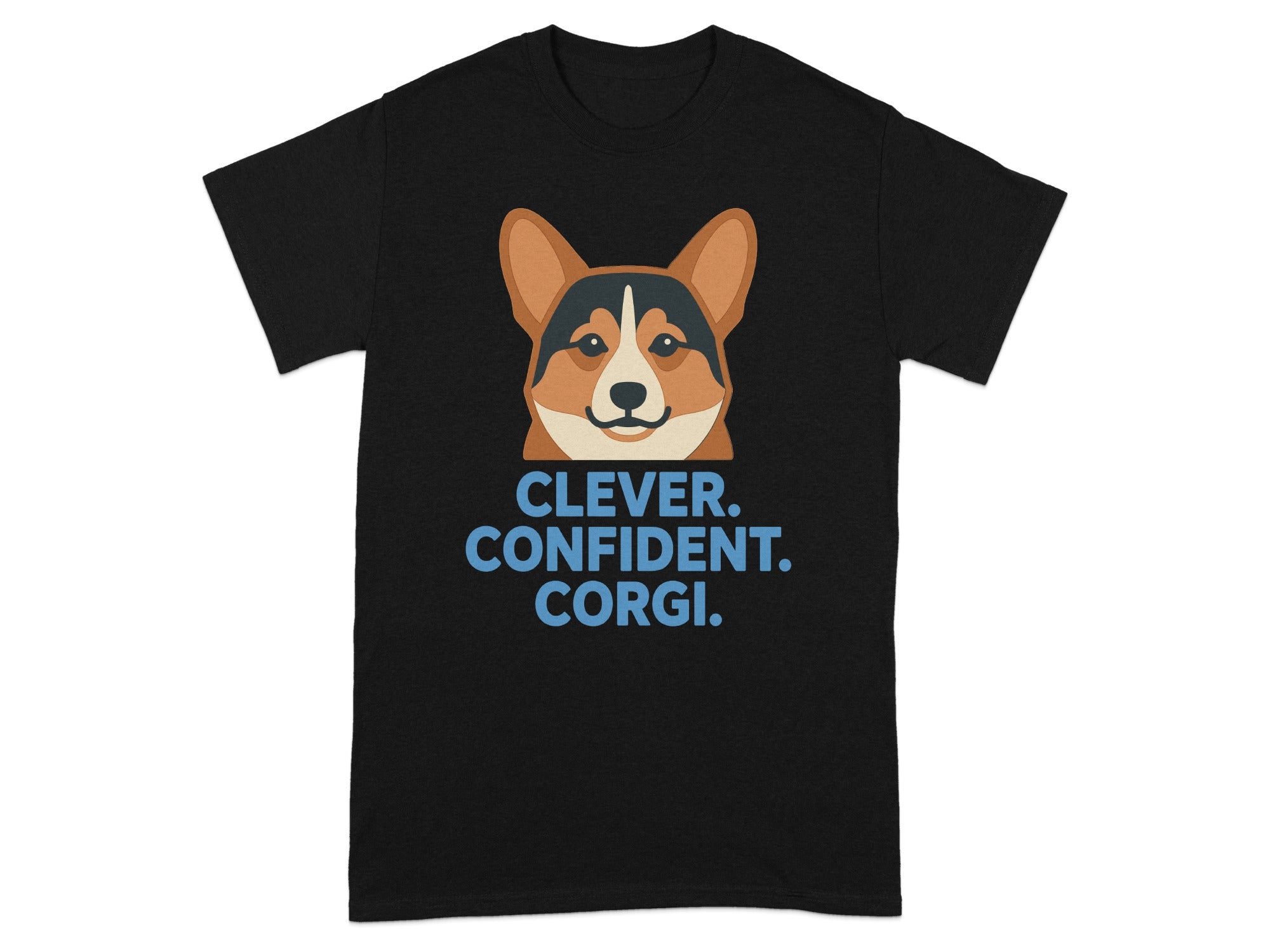 Black t-shirt with a corgi face and the text "CLEVER. CONFIDENT. CORGI."