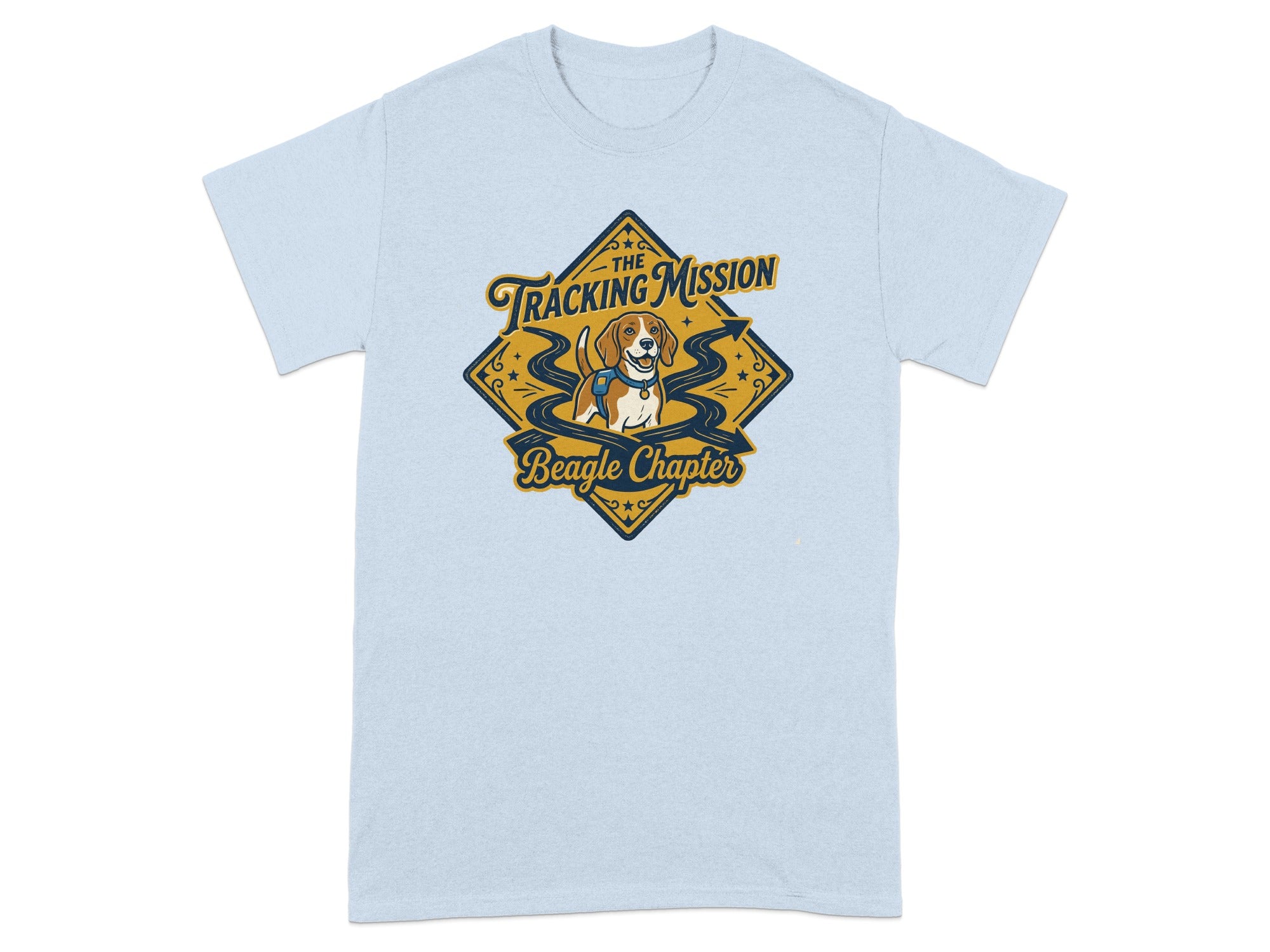 Light blue t-shirt with "The Tracking Mission Beagle Chapter" embroidered in a diamond shape.
