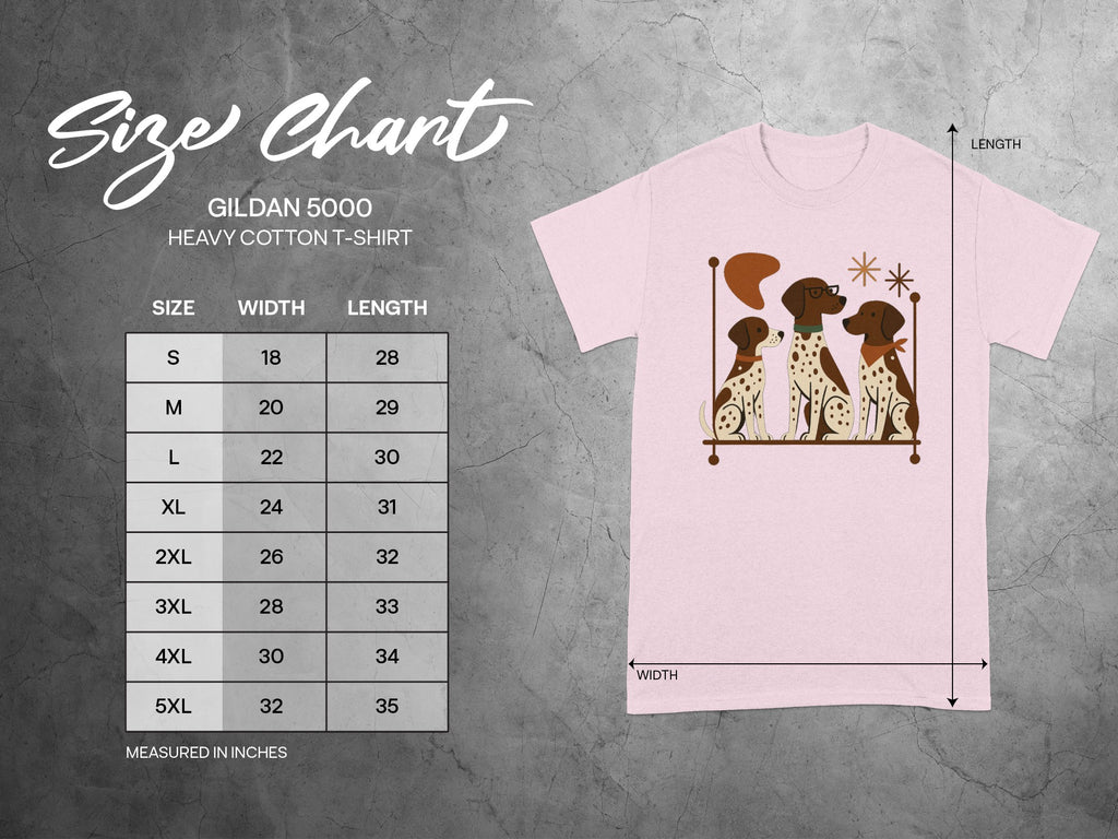 Size chart for Gildan 5000 Heavy Cotton T-Shirt with dog graphic.