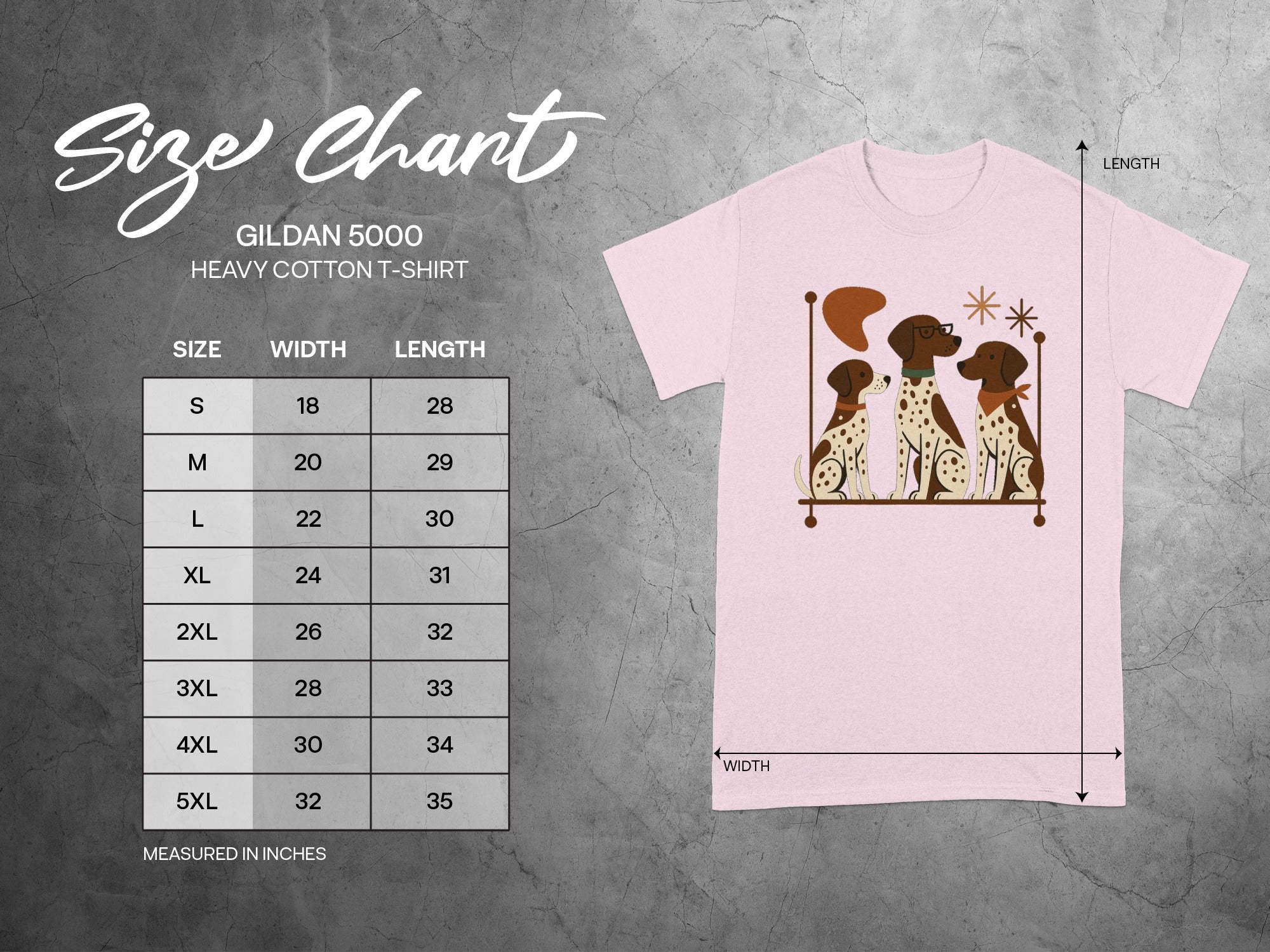 Size chart for Gildan 5000 Heavy Cotton T-Shirt with dog graphic.