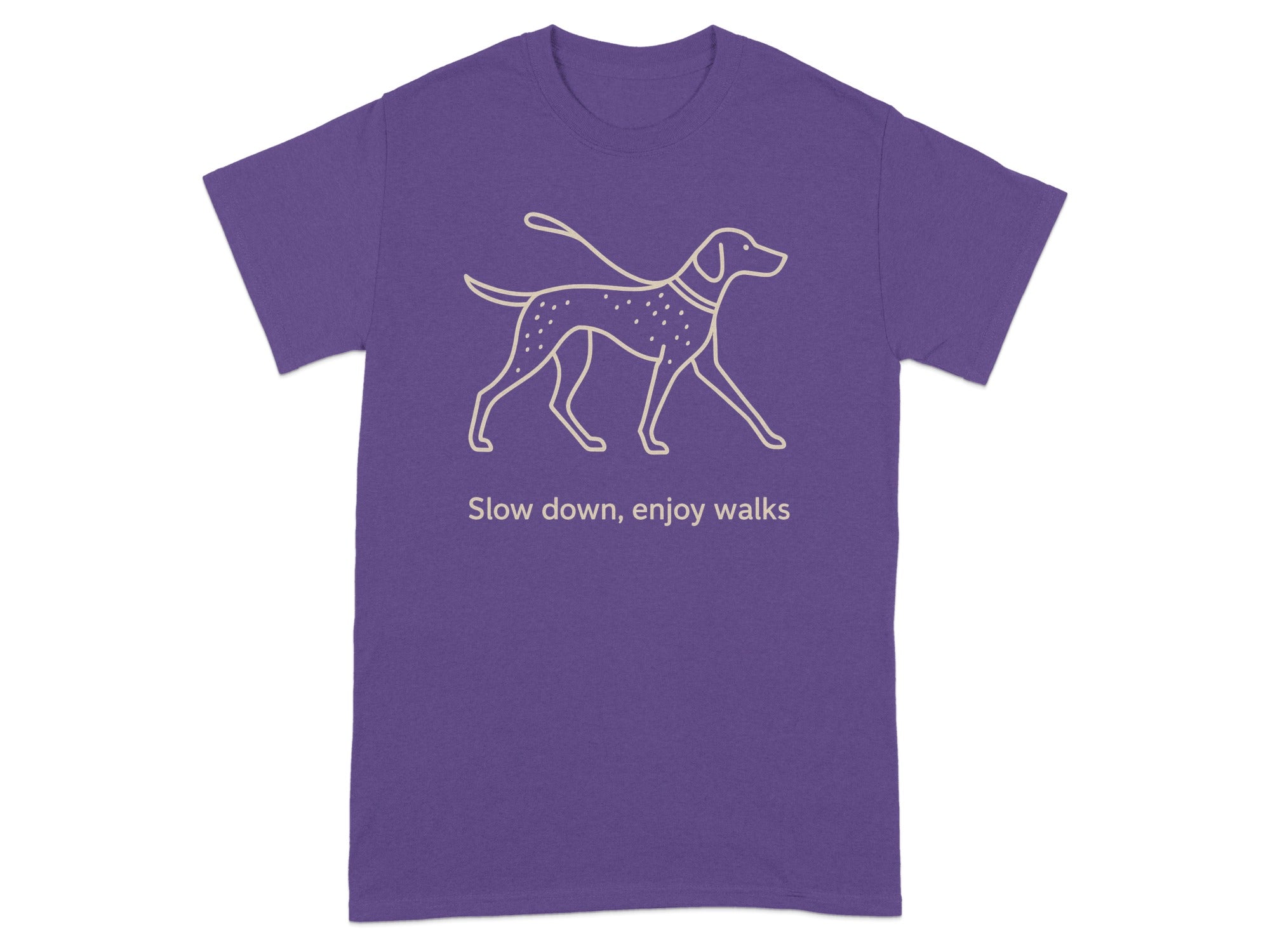 Purple t-shirt with line drawing of a dog and the text "Slow down, enjoy walks."
