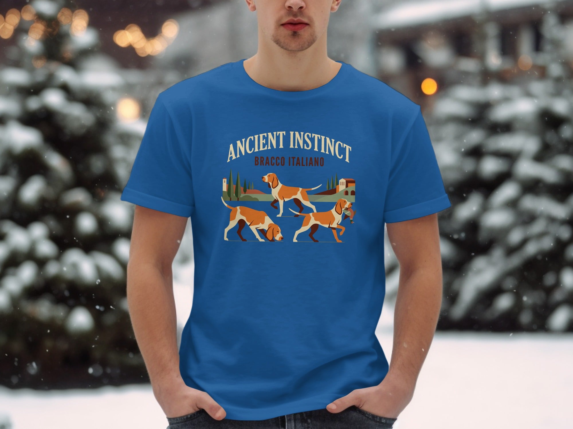 T-shirt with three Bracco Italiano dogs in motion, text reads "Ancient Instinct Bracco Italiano".