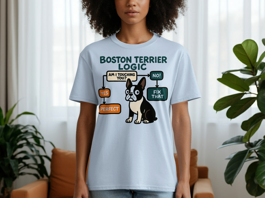 Light blue t-shirt with "Boston Terrier Logic" cartoon flowchart and dog.