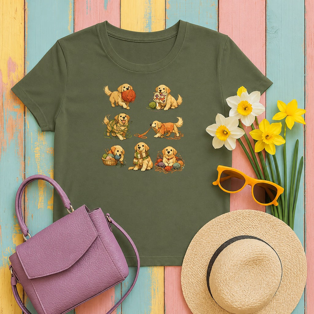 Playful Yarn Golden Retriever Puppies T-Shirt in Military Green