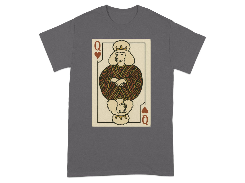 Queen of Hearts playing card with a poodle head and ornate patterned robe on a gray t-shirt.