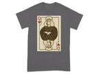 Queen of Hearts playing card with a poodle head and ornate patterned robe on a gray t-shirt.